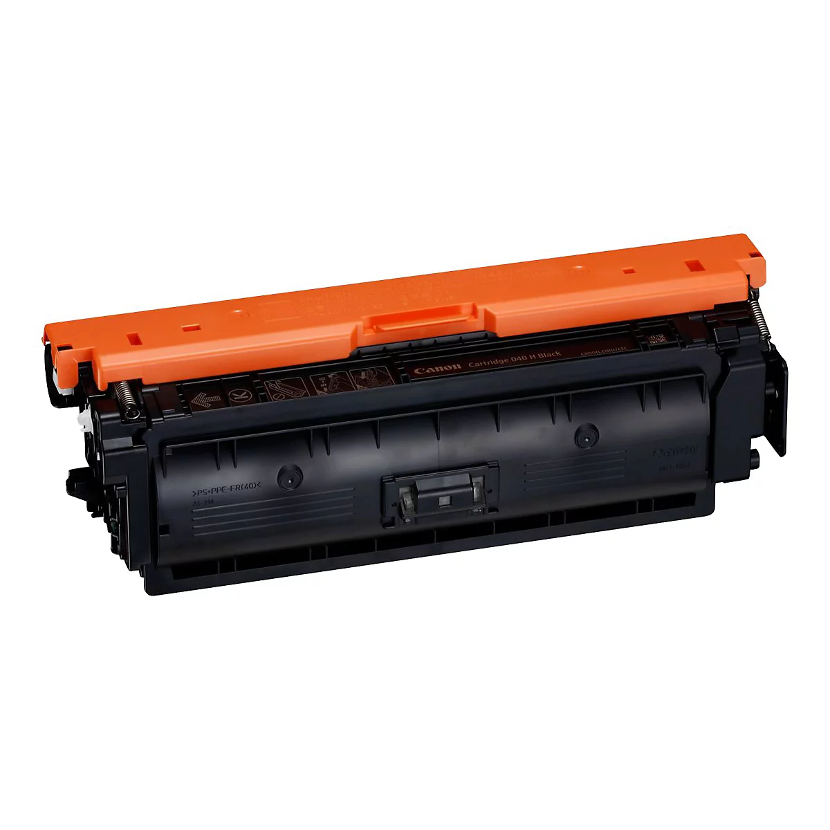 Eine schwarze Canon-Druckerpatrone mit orangefarbenem Deckel. Beschriftung: Canon, Modellnummer.