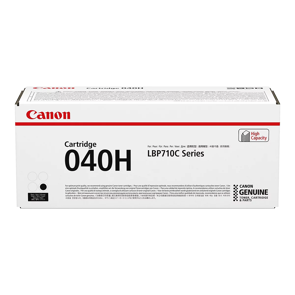 Eine Canon 040H Druckerpatrone auf weiÃŸem Hintergrund. Auf der Verpackung steht 'Cartridge 040H LBP710C Series'.