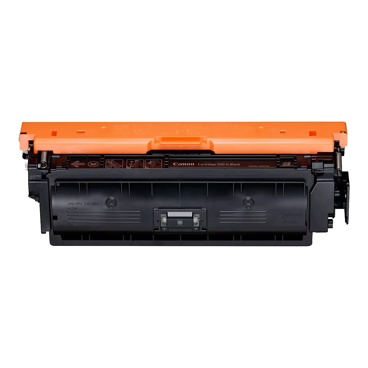 Eine Tintenpatrone, hauptsÃ¤chlich schwarz mit einem orangefarbenen Teil. Der Markenname Canon ist auf der Patrone abgebildet.