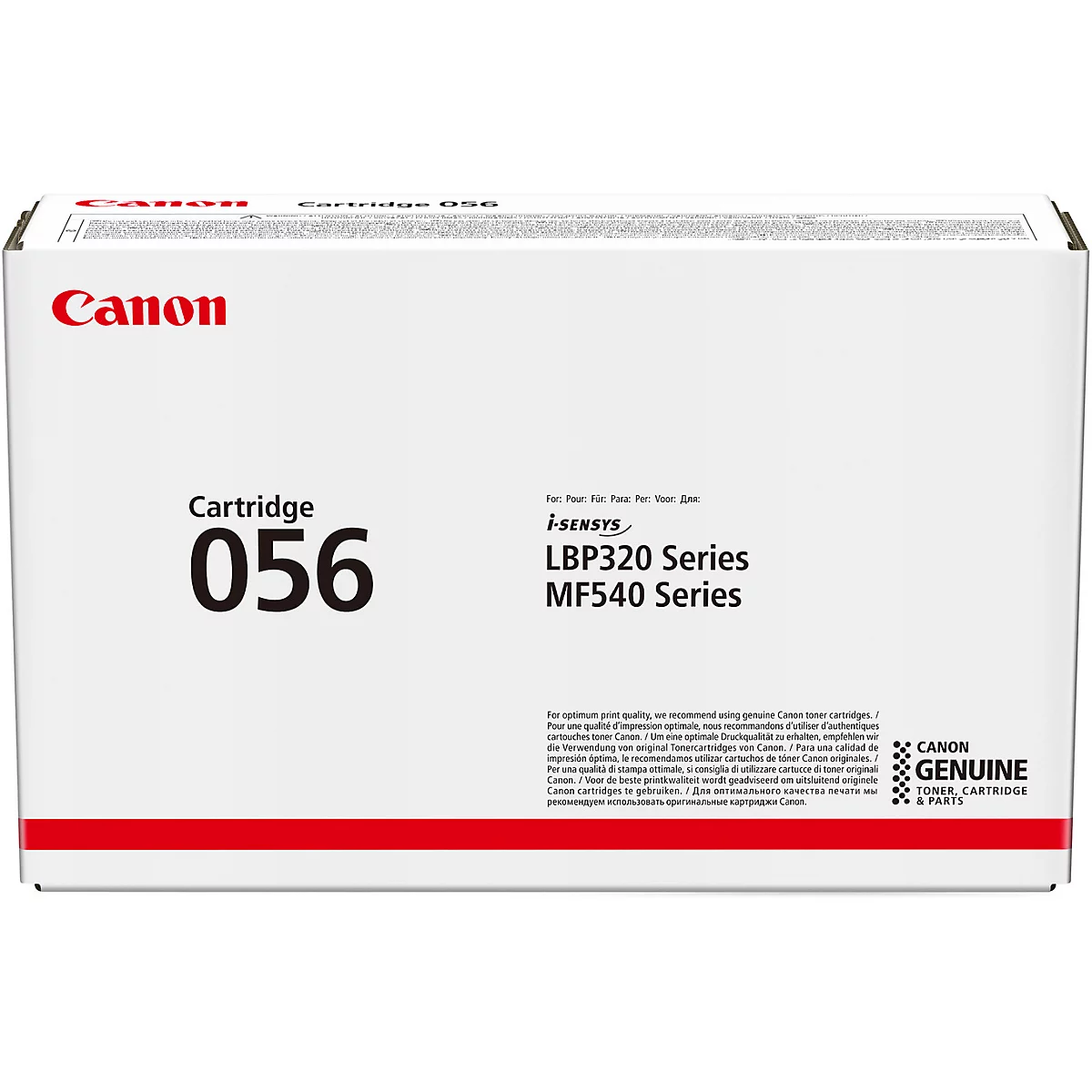 Une cartouche de toner Canon, fond blanc. Sur le devant, le logo Canon, "Cartouche 056".