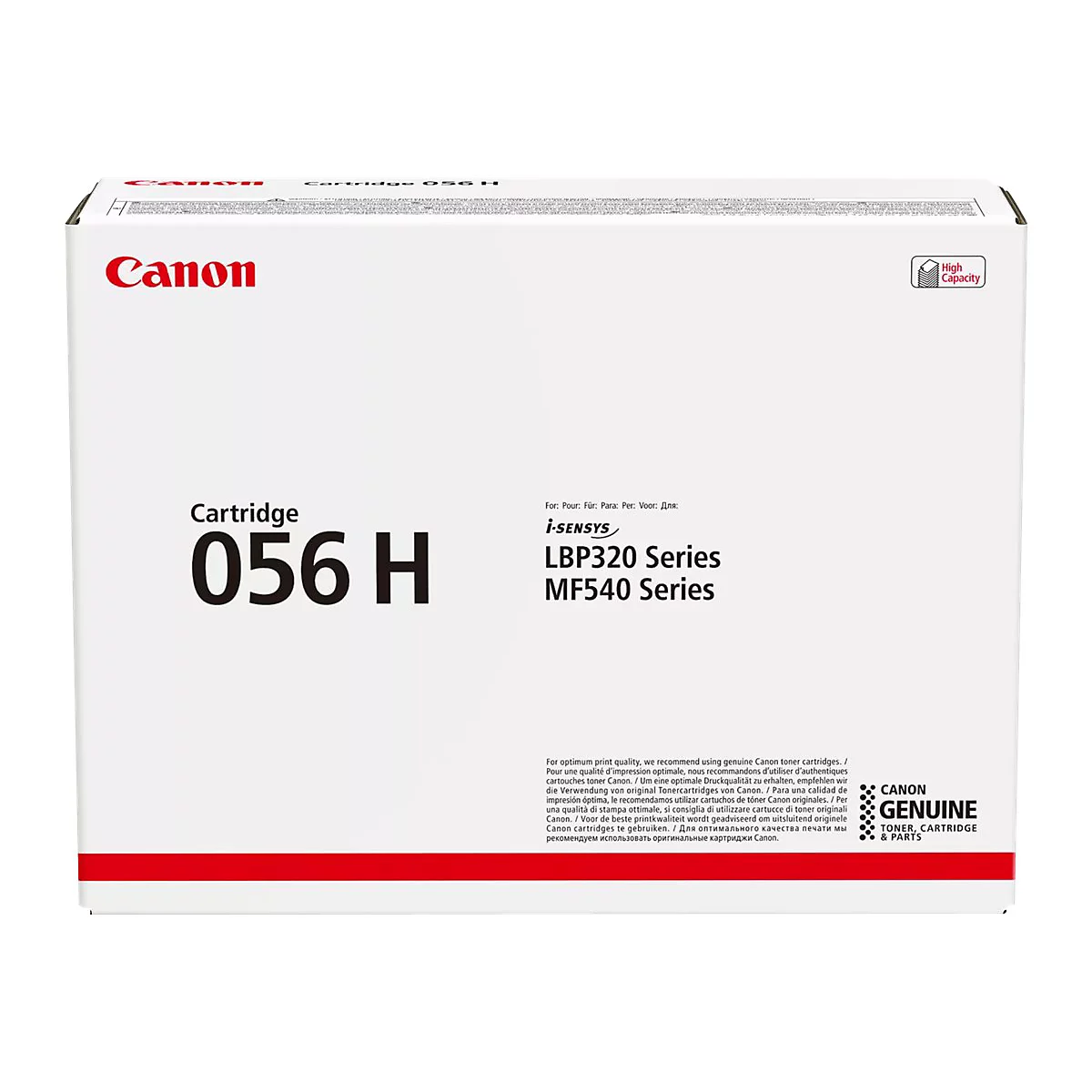 Eine weiße Canon-Toner-Kartuschenverpackung mit rotem Schriftzug und Produktangaben.