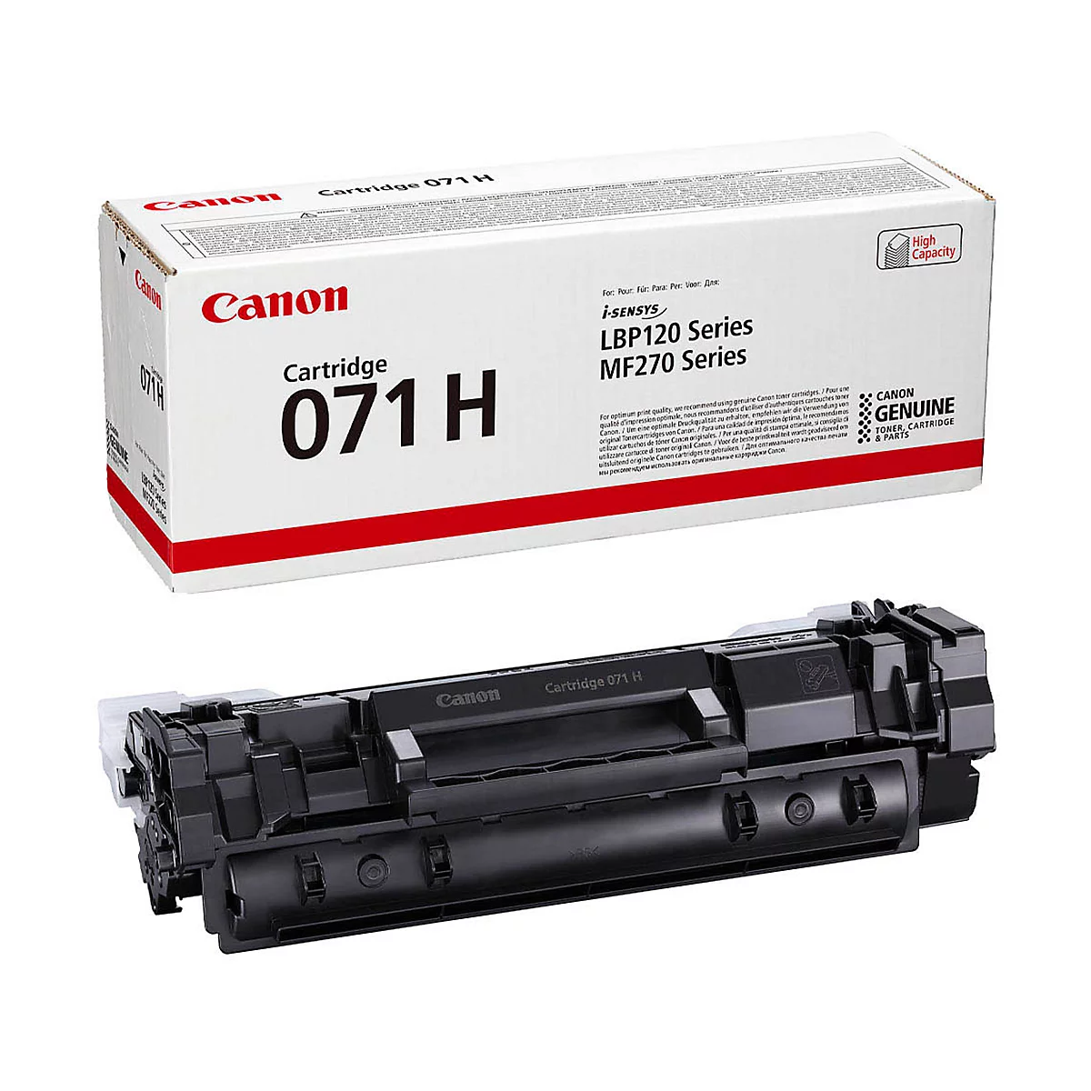 Schwarz-weiße Canon-Druckerpatrone und -Verpackung. Auf der Verpackung steht "Cartridge 071 H", darunter die Marke Canon. Darunter befindet sich die schwarze Patrone.
