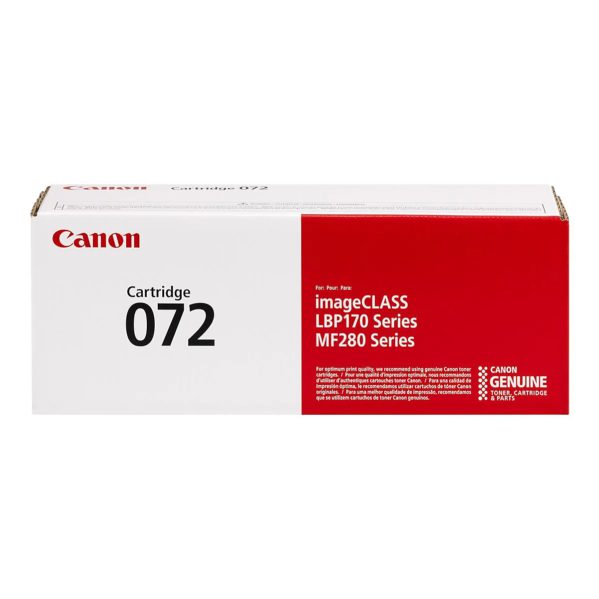 Eine Canon-Tonerkartusche, Cartridge 072, vor rotem Hintergrund.