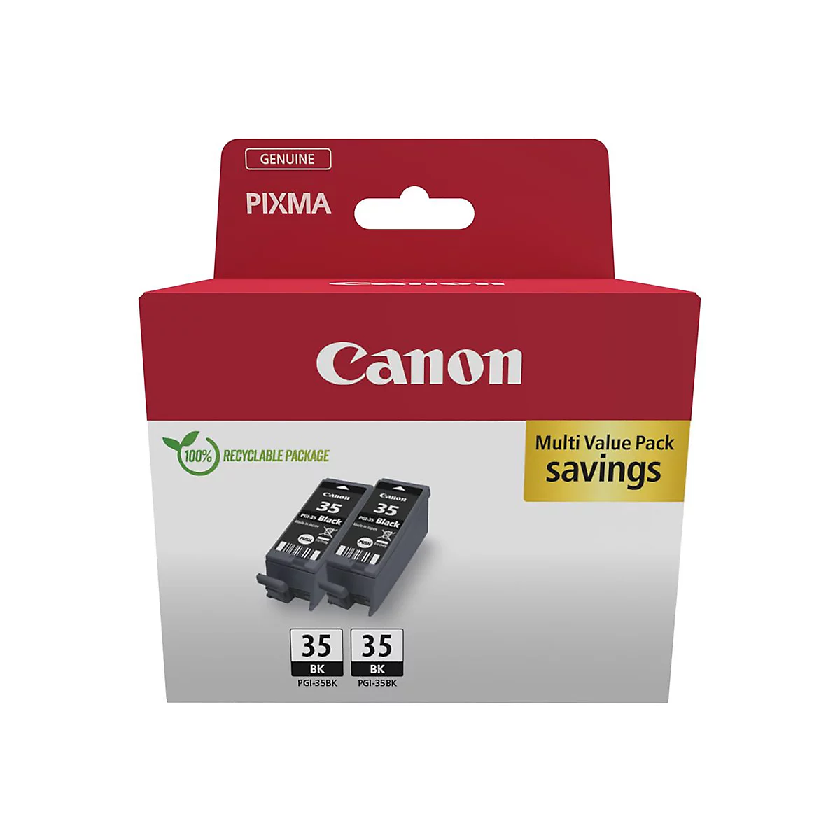 Paquet de cartouches d'encre Canon, rouge et blanc, avec des cartouches noires. Texte : "PIXMA", "Genuine", "Multi Value Pack savings".