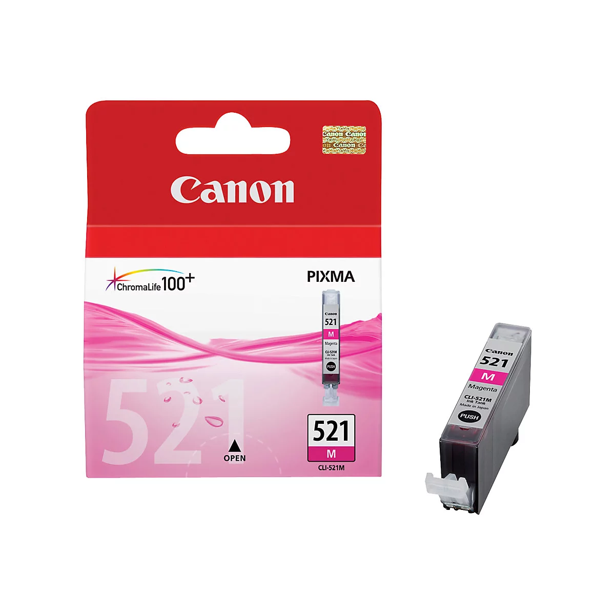 Magenta Tintenpatrone und Verpackung von Canon. Die Verpackung ist rot und zeigt das Canon-Logo, Modell 521 M.