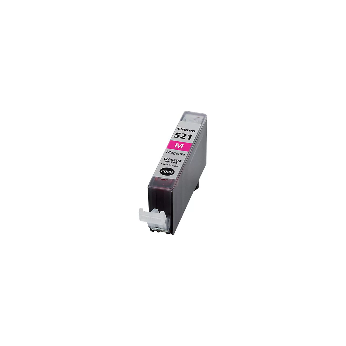 Eine Canon Tintenpatrone in Magenta. Aufschrift: Canon 521 M, CLI-521M, Push.