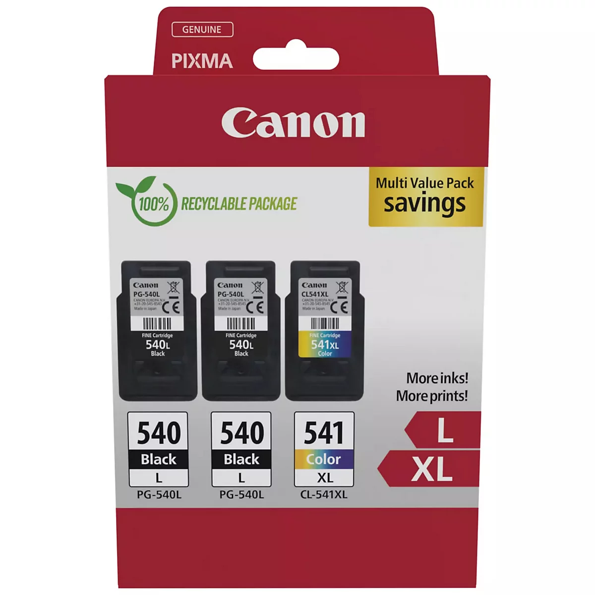 Mehrfarbige Canon Druckerpatronen-Verpackung mit Schriftzügen und Logos, darunter "PIXMA", "100% RECYCLABLE PACKAGE" und "savings".
