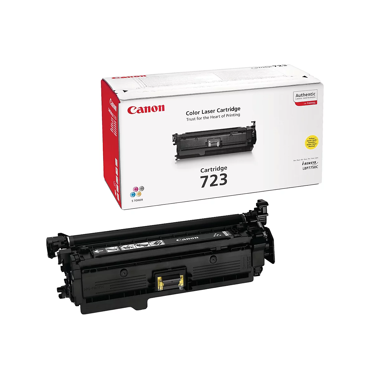 Ein schwarzer Canon 723 Toner-Cartridge mit Verpackung auf weißem Hintergrund.