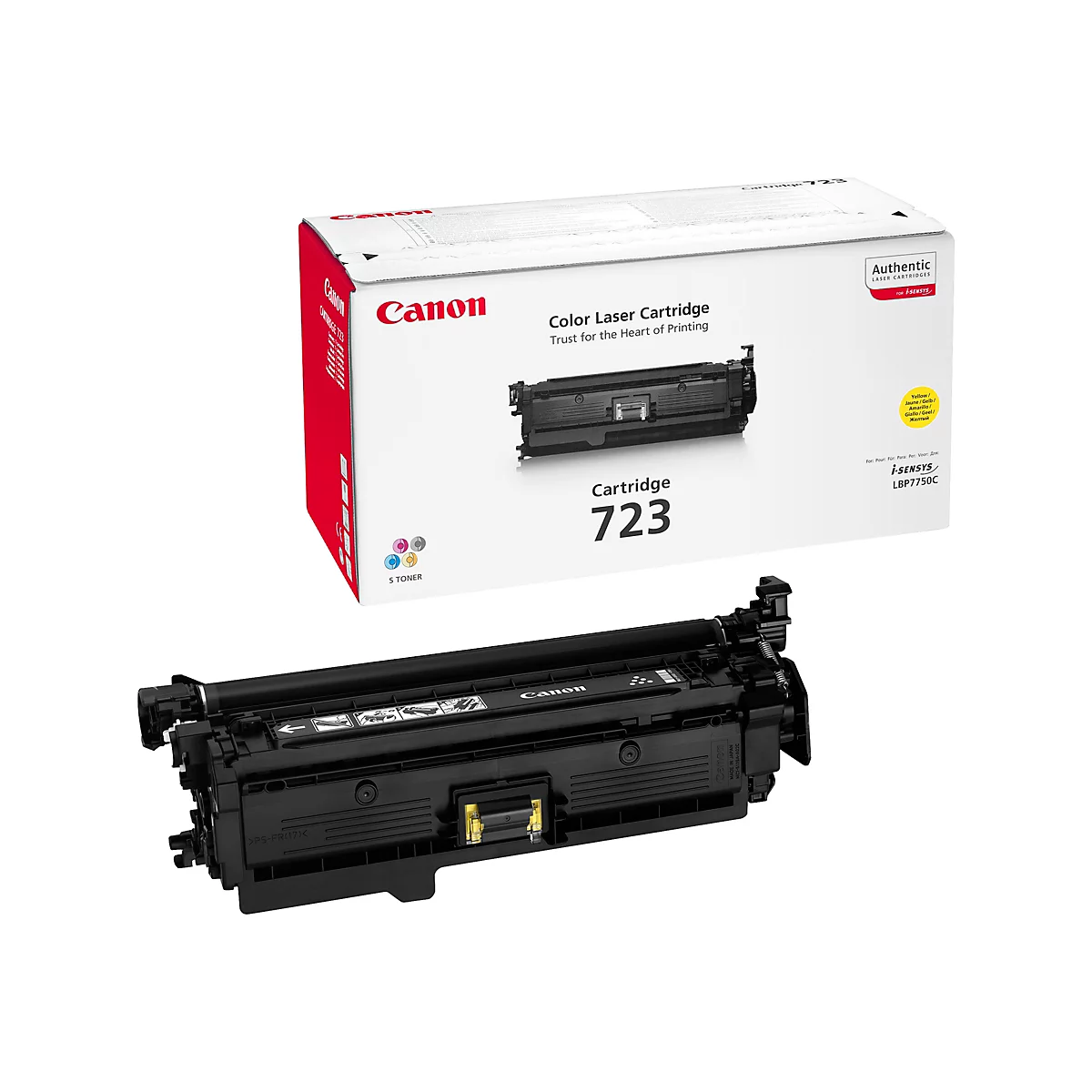 Schwarz-gelbe Canon Tonerkartusche mit Verpackung, beschriftet mit "Color Laser Cartridge".