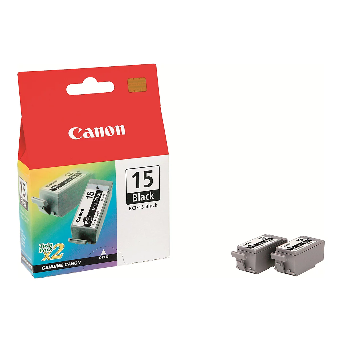 Foto von zwei Tintenpatronen und einer Verpackung von Canon, schwarz. Die Verpackung ist rot und weiß mit Produktinformationen.