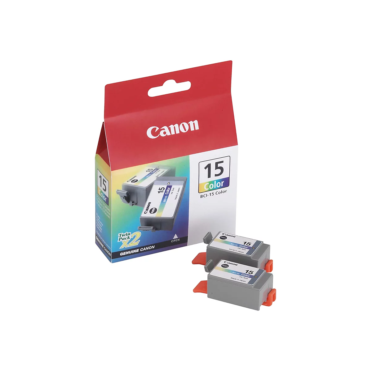 Produktfoto: Canon BCI-15 Color Tintenpatronen-Doppelpackung und zwei Patronen daneben. Aufdrucke auf Verpackung und Patronen.