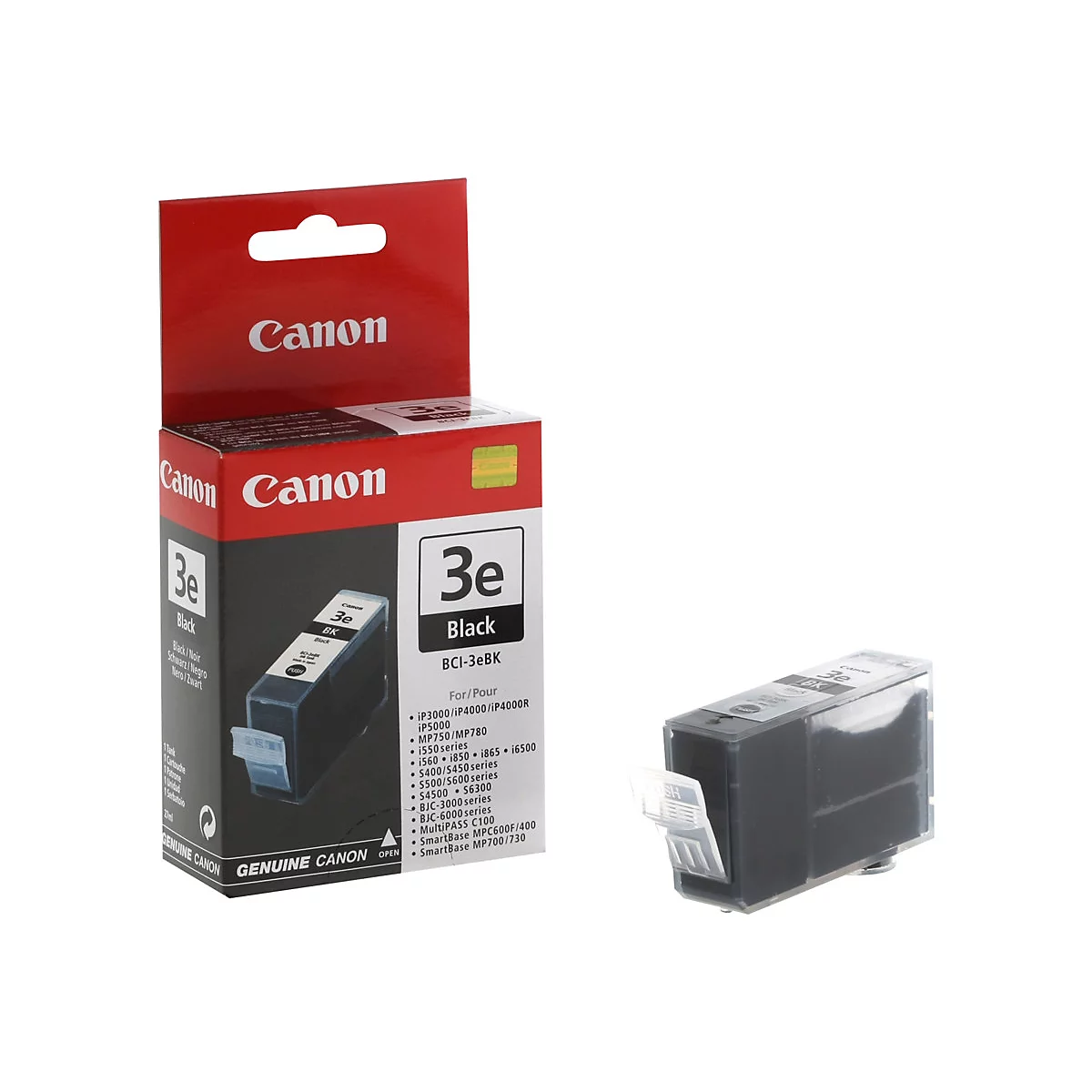 Schwarze Canon Tintenpatrone. Die Verpackung zeigt den Namen Canon und die Bezeichnung 3e Black.