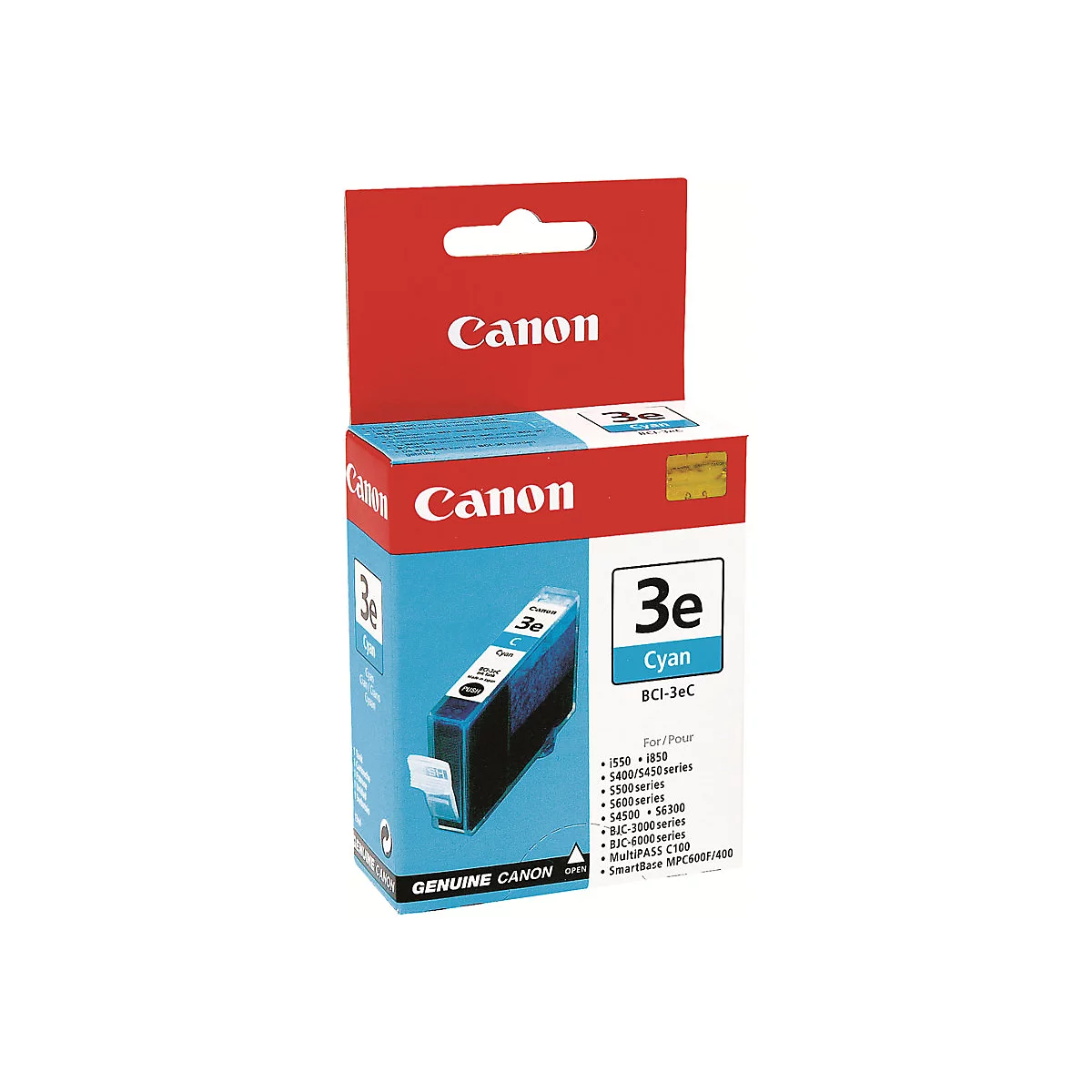 Eine Canon Tintenpatrone 3e in Cyan, in Originalverpackung. Der Hintergrund ist weiÃŸ.