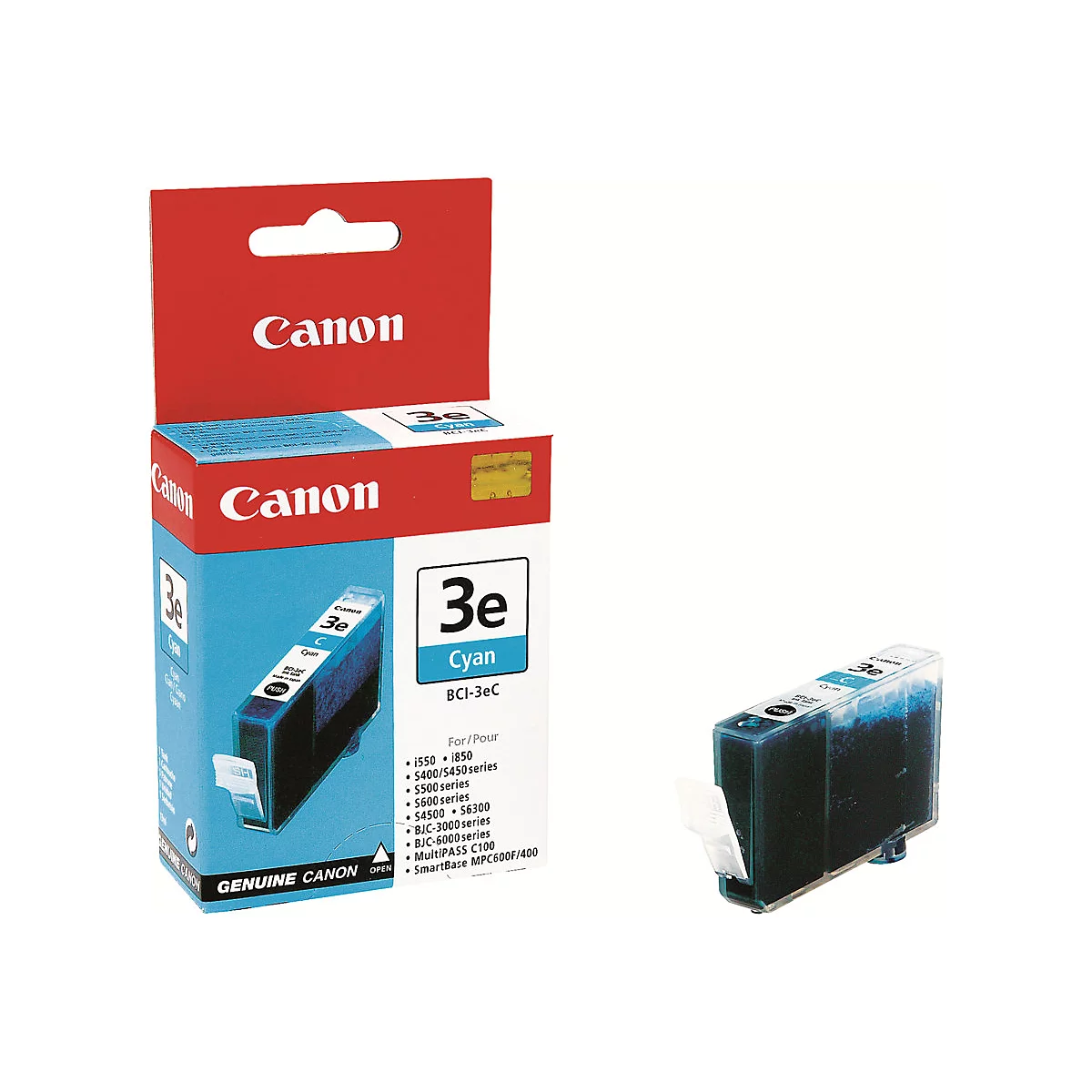 Canon-Tintenpatrone in Originalverpackung, daneben eine separate Tintenpatrone. Cyanfarbene Tinte. Aufdruck: 3e, Cyan.
