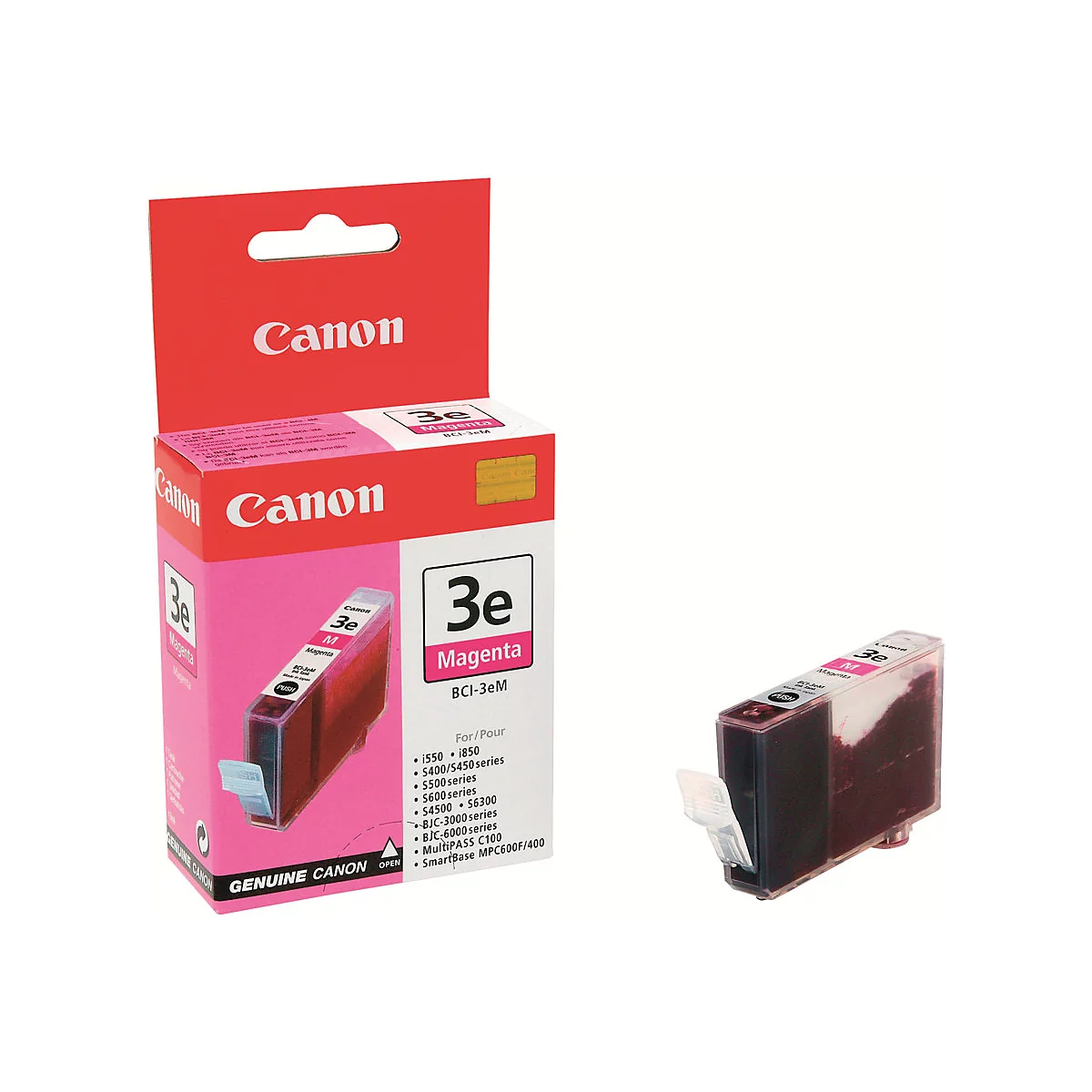 Eine magenta Canon Druckerpatrone und ihre Verpackung vor weißem Hintergrund. Beide zeigen "3e" und "Magenta" an.