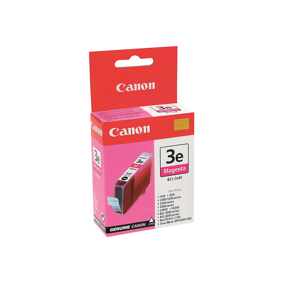 Eine Packung Canon-Druckerpatronen, die 'Magenta' und '3e' anzeigt. Der Hintergrund ist weiß.