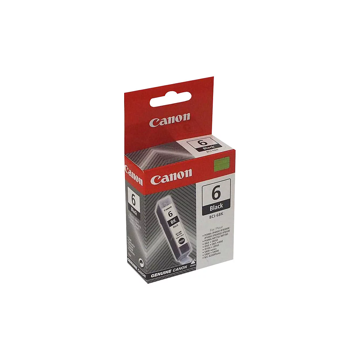 Eine Tintenpatrone von Canon, schwarz, mit der Bezeichnung 6. Die Verpackung hat einen roten oberen Teil und einen grauen Karton.