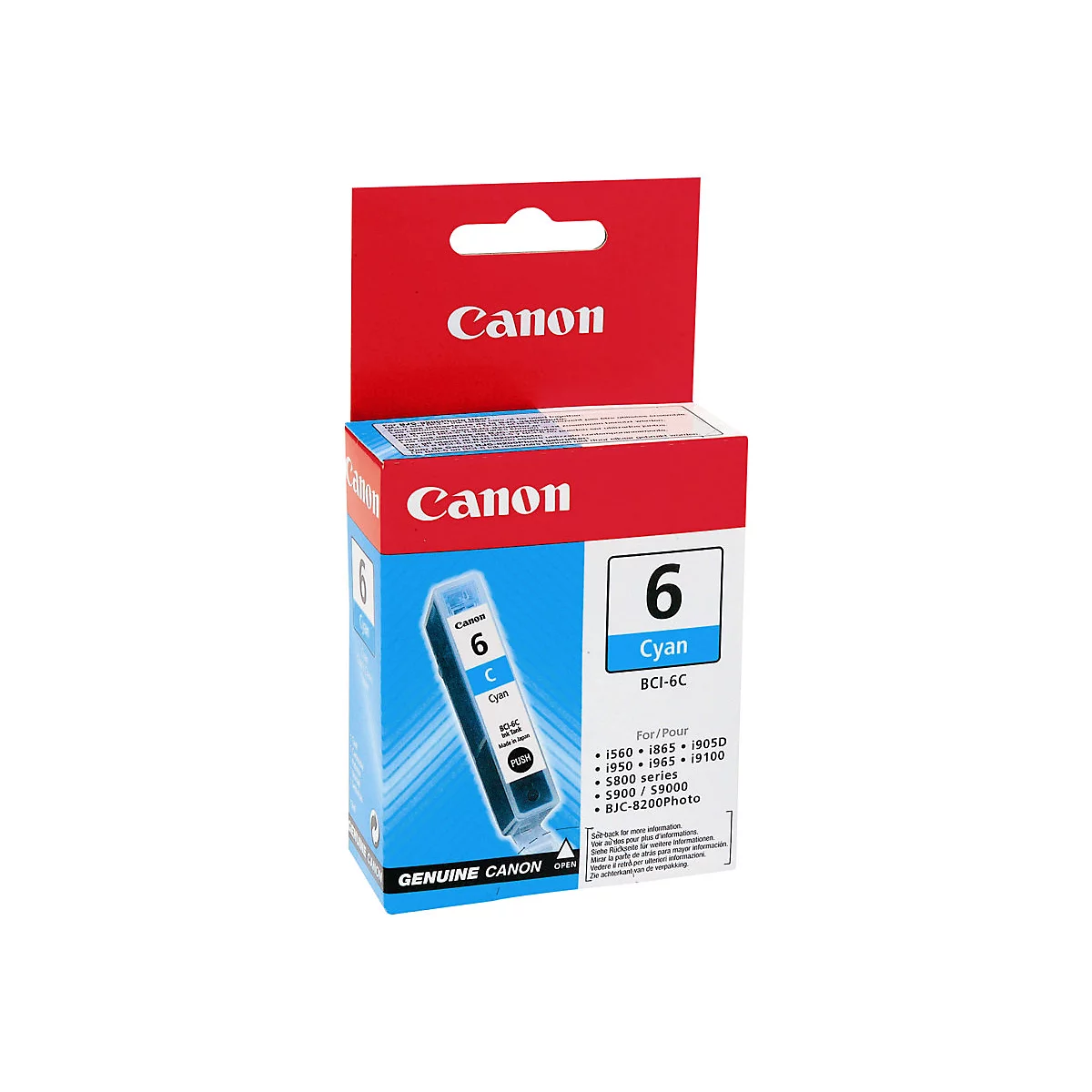 Eine Canon Tintenpatrone, Packung in Rot und Blau mit Text "6 Cyan" und Modellen. Aufdruck "Genuine Canon".