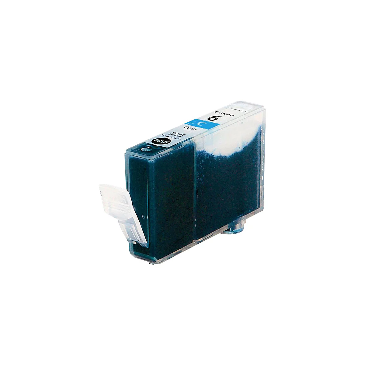 Eine Canon Tintenpatrone, gefüllt mit cyanfarbener Tinte. Auf der Patrone sind Schriftzüge und eine weiße Lasche zu sehen.