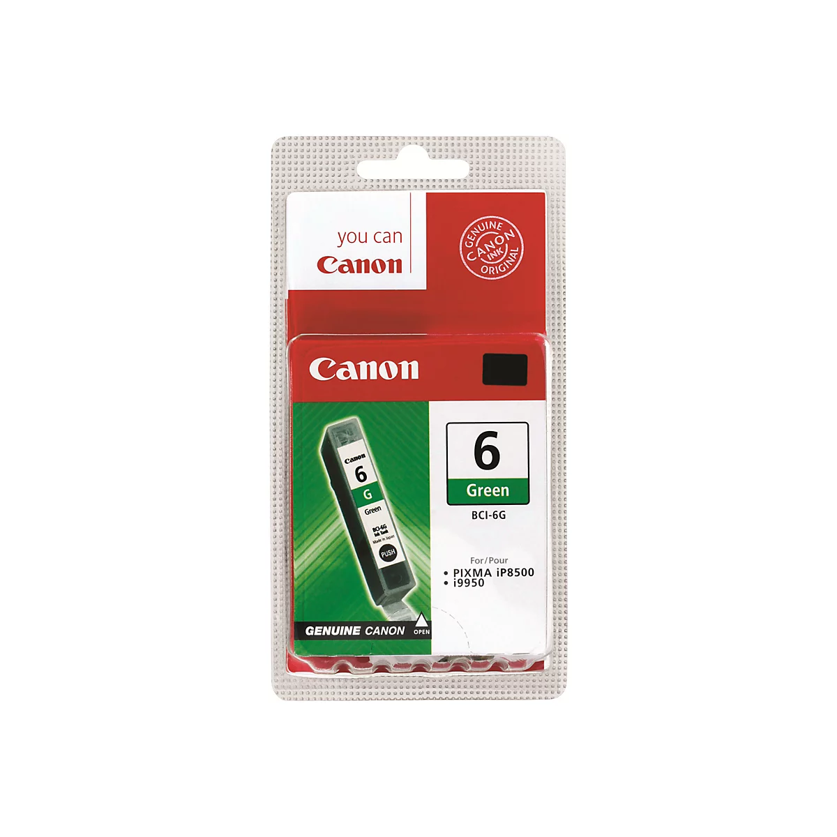 Canon Tintenpatrone, GrÃ¼n. Verpackung mit Produktbezeichnung, Nummer 6 und der Aufschrift Green.