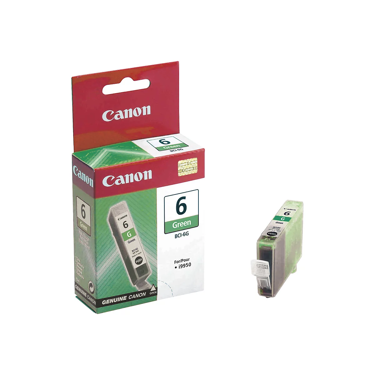 Grüne Canon Tintenpatrone und Verpackung vor weißem Hintergrund. Aufdruck "Canon 6 Green".