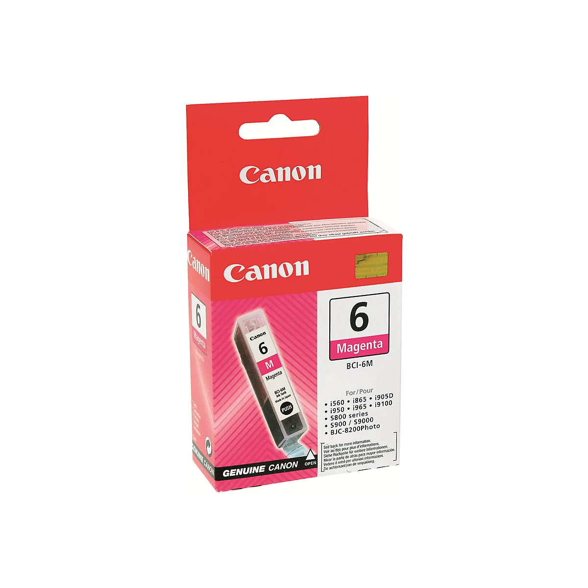 Eine magenta Canon Tintenpatrone in einer roten Verpackung. Auf der Verpackung ist das Canon Logo und die Nummer 6 zu sehen.