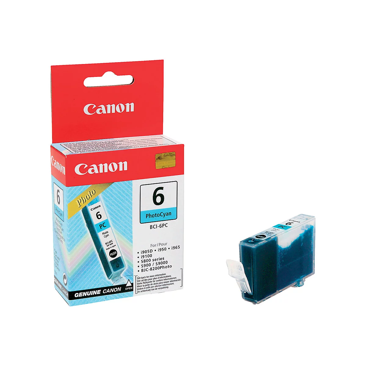 Ein roter Canon-Karton mit blauer Tinte. Daneben eine Tintenpatrone.
