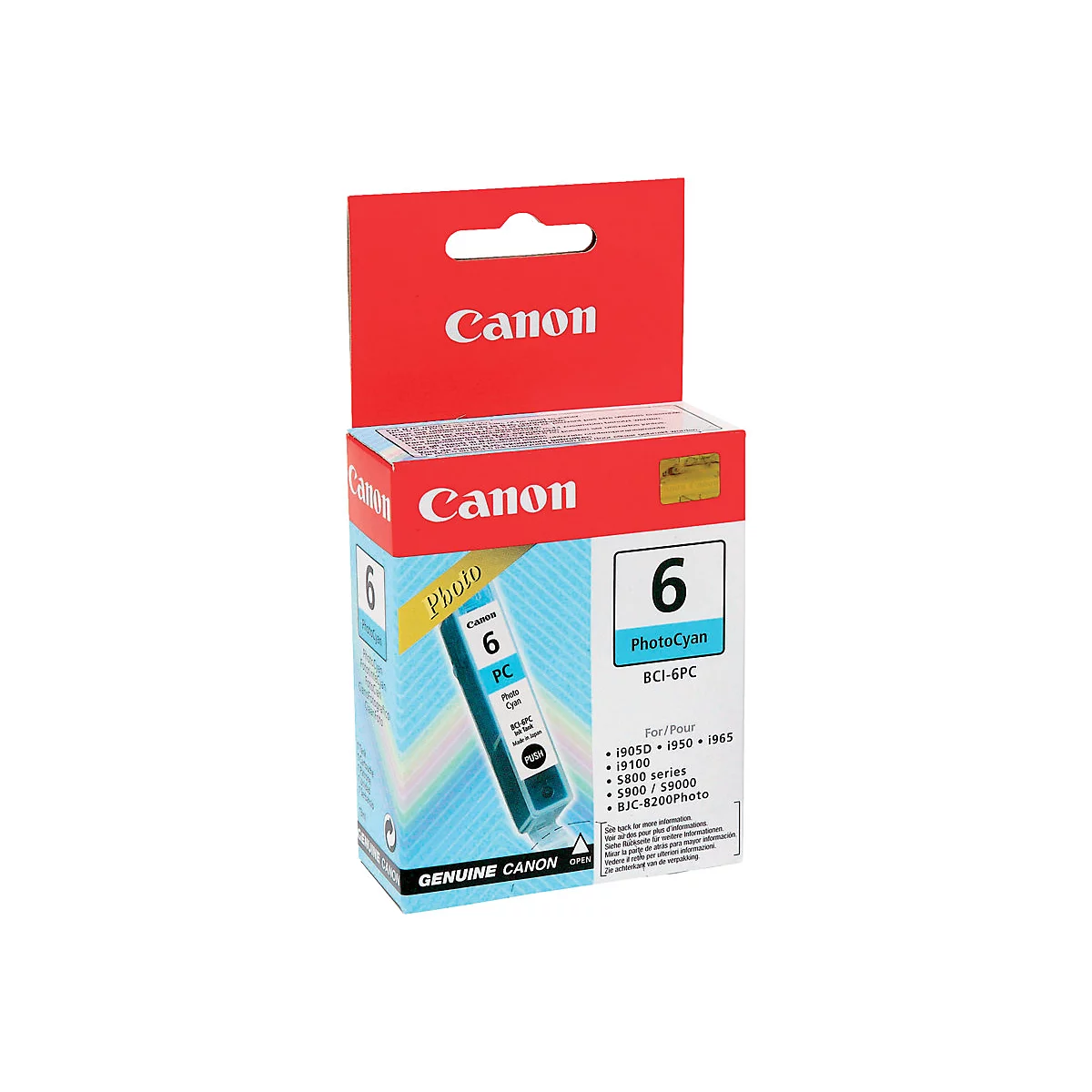 Canon Tintenpatrone mit der Nummer 6, in einer rot-weiÃŸ-blauen Verpackung. Aufdruck: PhotoCyan.