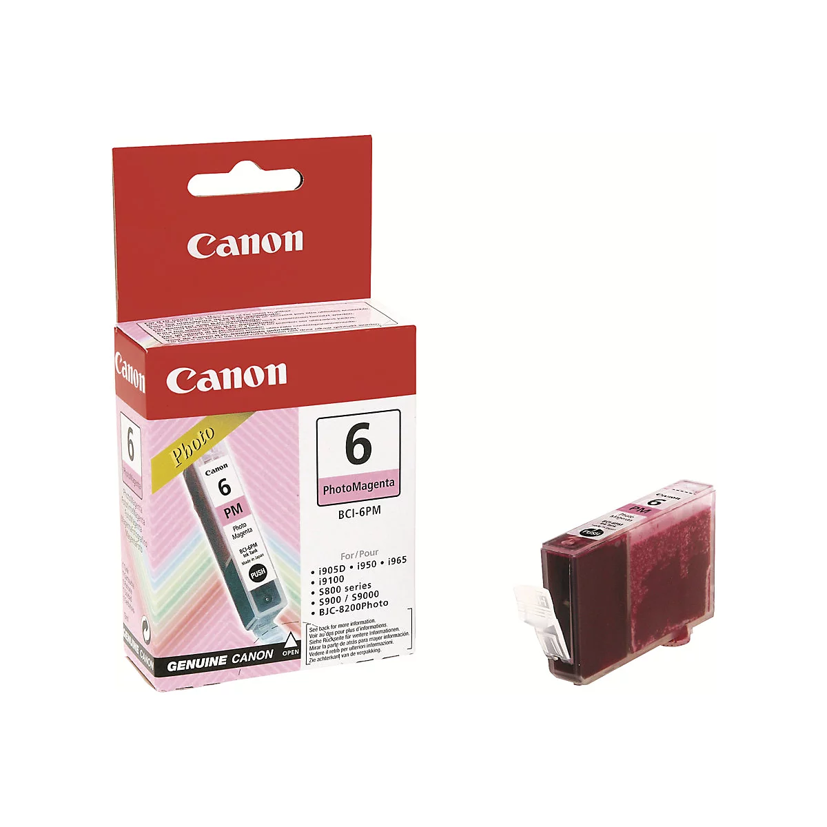 Eine Canon-Tintenpatrone PhotoMagenta BCI-6PM in geöffneter roter Verpackung und daneben die Patrone selbst.