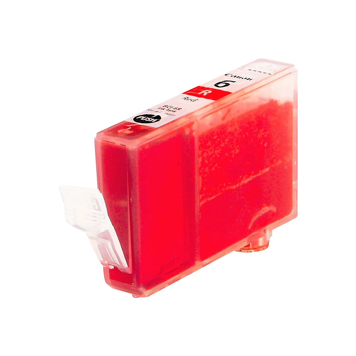 Eine rote Canon-Tintenpatrone mit der Aufschrift „Red“ und der Nummer 6. Die Patrone ist teilweise transparent.