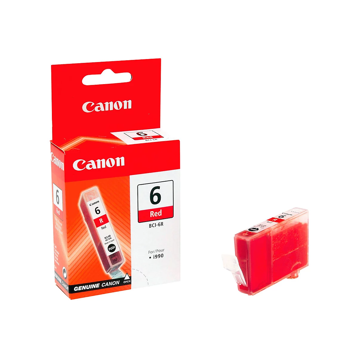 Rote Canon-Tintenpatrone, Nummer 6, neben einer geöffneten Verpackung.