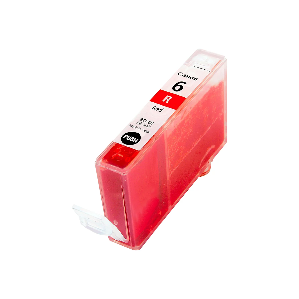Nahaufnahme einer Canon-Tintenpatrone für einen Drucker. Die Patrone ist rechteckig und durchsichtig, gefüllt mit roter Tinte. Aufgedruckt sind Informationen wie "Canon", "6", "Red" und "BCI-6R Ink Tank", sowie der Hinweis "Made in Japan".