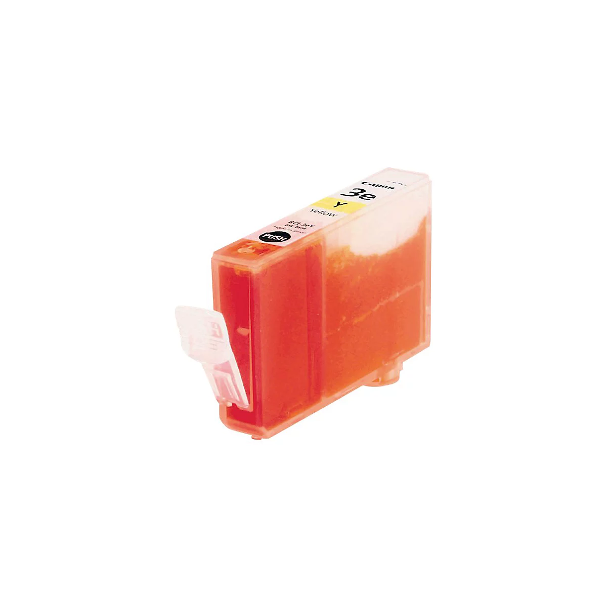 Gelbe Tintenpatrone von Canon. Ein transparentes Gehäuse umschließt die gelbe Tinte. Label: Canon 3e.