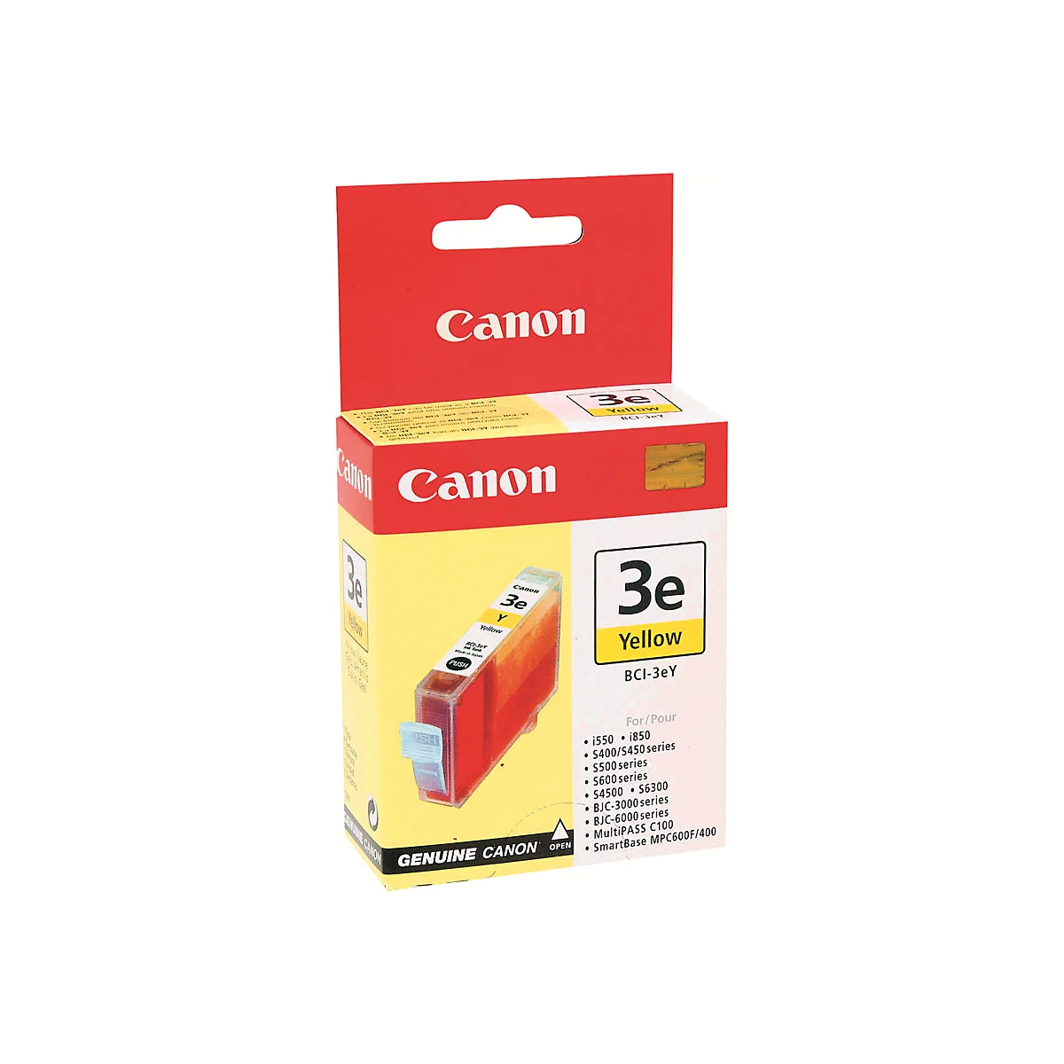 Gelbe Canon Tintenpatrone BCI-3eY in roter und gelber Verpackung. Aufdruck: Canon, 3e, Yellow, BCI-3eY. Auflistung kompatibler Drucker.