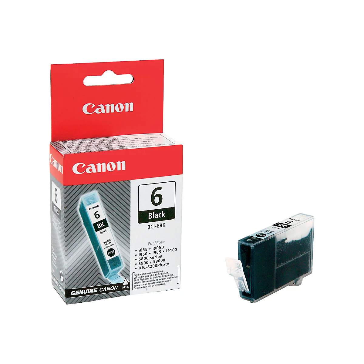 Schwarze Canon Tintenpatrone BCI-6BK in roter Verpackung. Daneben ist eine einzelne Patrone zu sehen. Beides vor weißem Hintergrund.
