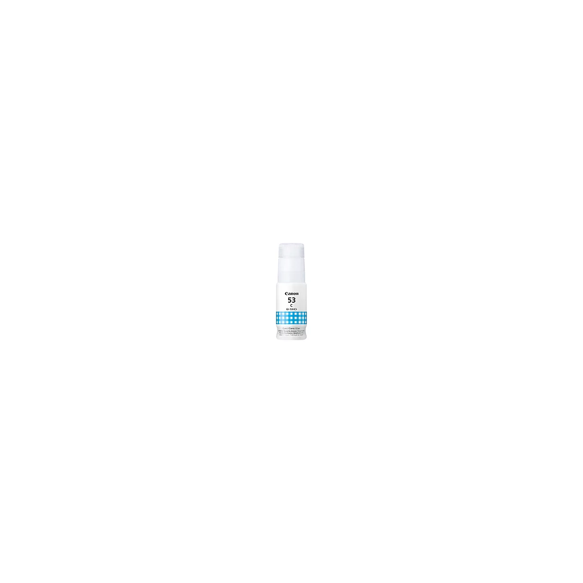 Un flacon d'encre blanc avec un motif à carreaux bleu. On peut lire Canon 53 C. Sous le flacon est écrit en bleu « Cyan ».