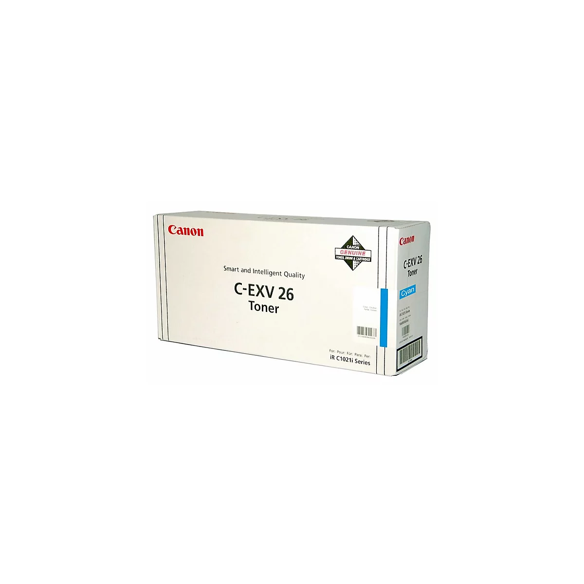 Eine weiÃŸe Toner-Box von Canon mit Schriftzug 'C-EXV 26 Toner' und dem Wort 'Cyan'.