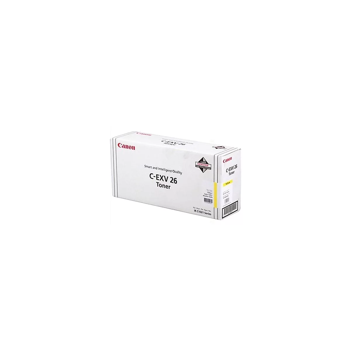 Eine weiÃŸe Canon-Tonerkartusche, C-EXV 26, mit gelber Markierung und Barcode.