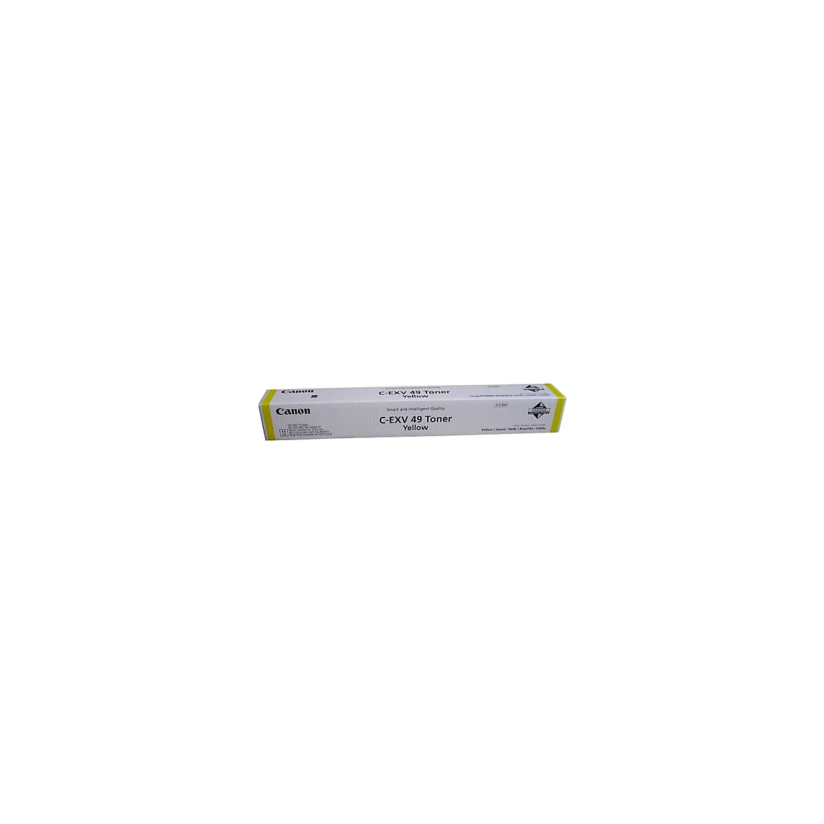 Toner Canon jaune, Ã©tiquetÃ© C-EXV 49 Toner. Sur fond blanc, avec des touches de jaune.