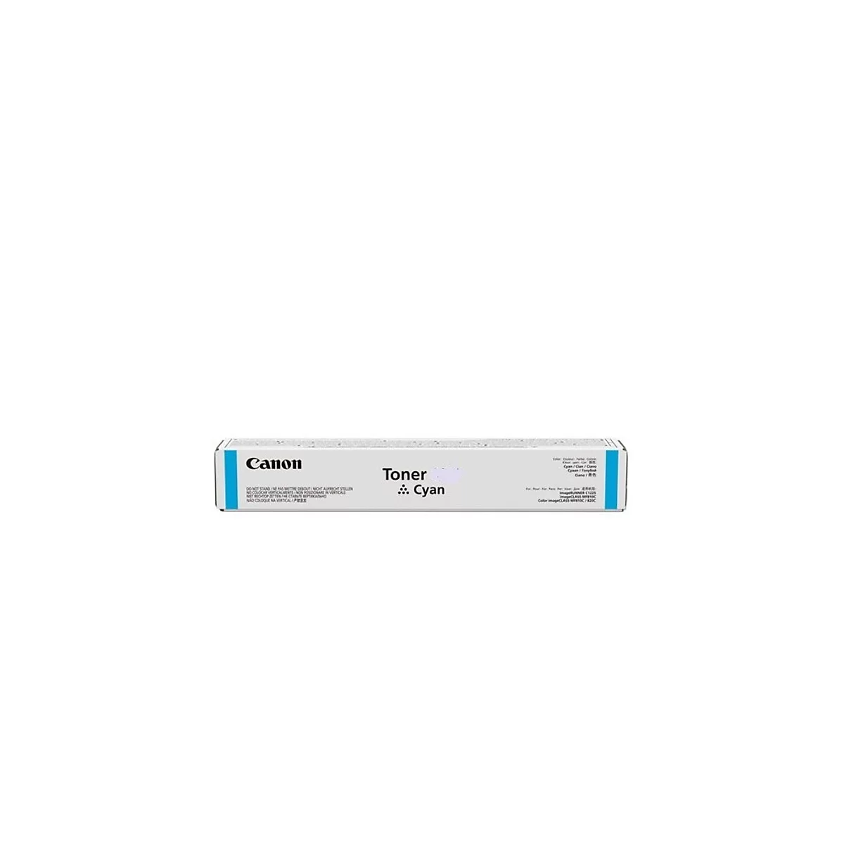 Une cartouche de toner Canon en cyan, sur fond blanc, avec l'Ã©tiquette Toner Cyan.
