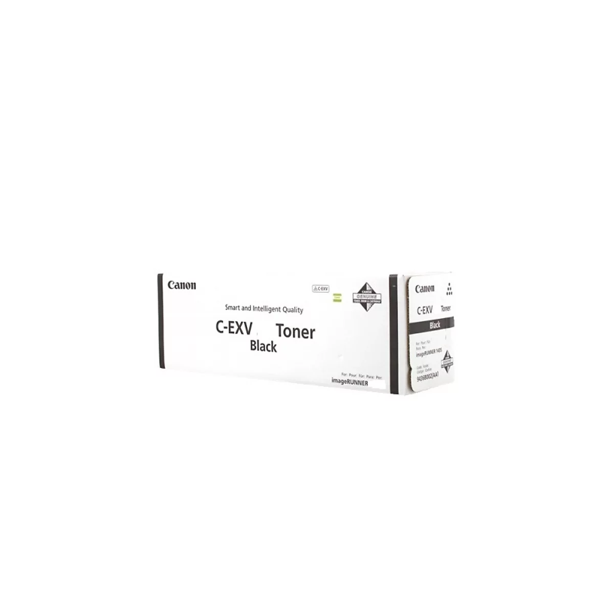 Une cartouche de toner Canon C-EXV en noir sur fond blanc, avec lettrage: Canon, C-EXV Toner Black.
