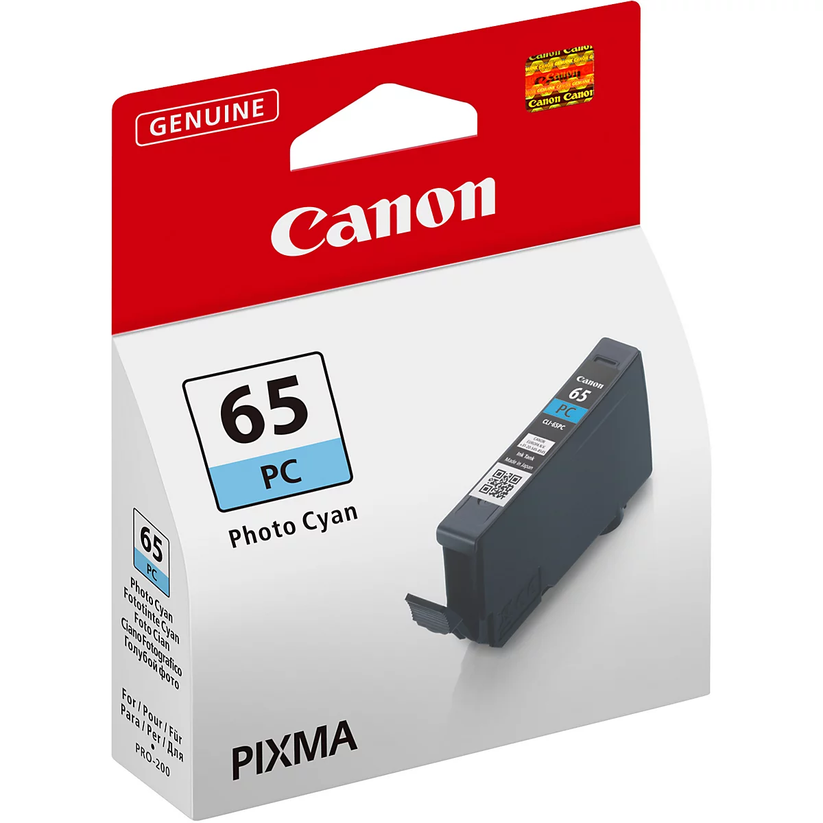 Emballage d'une cartouche d'encre Canon 65 PC Photo Cyan. L'emballage est de couleur blanche avec un couvercle rouge sur lequel le logo Canon est imprimé. La cartouche elle-même est grise et porte la mention Canon 65 PC.