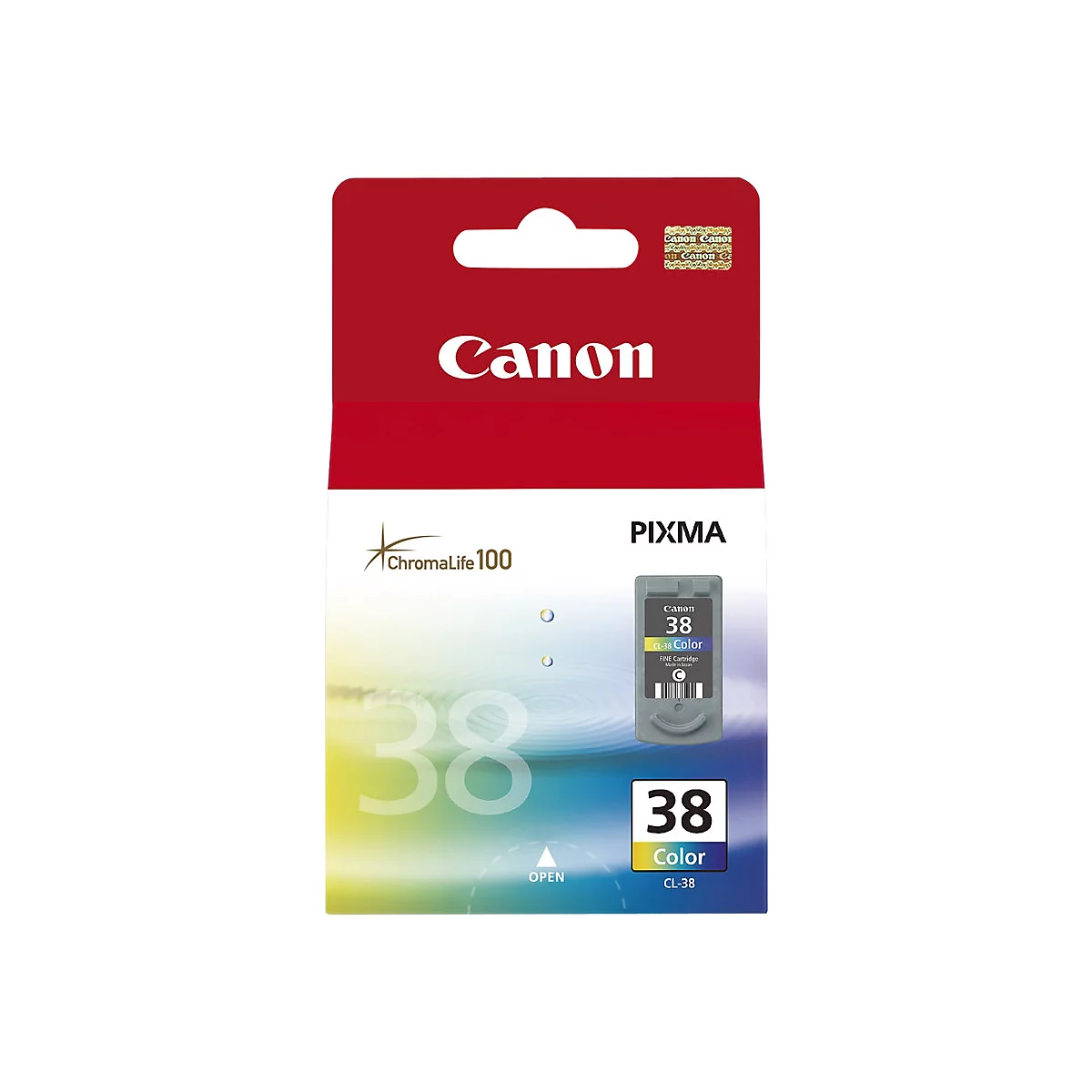 Verpackung einer Canon CL-38 Tintenpatrone. Roter Hintergrund mit Canon-Logo. Die Patrone selbst ist im unteren Bereich des Kartons sichtbar.