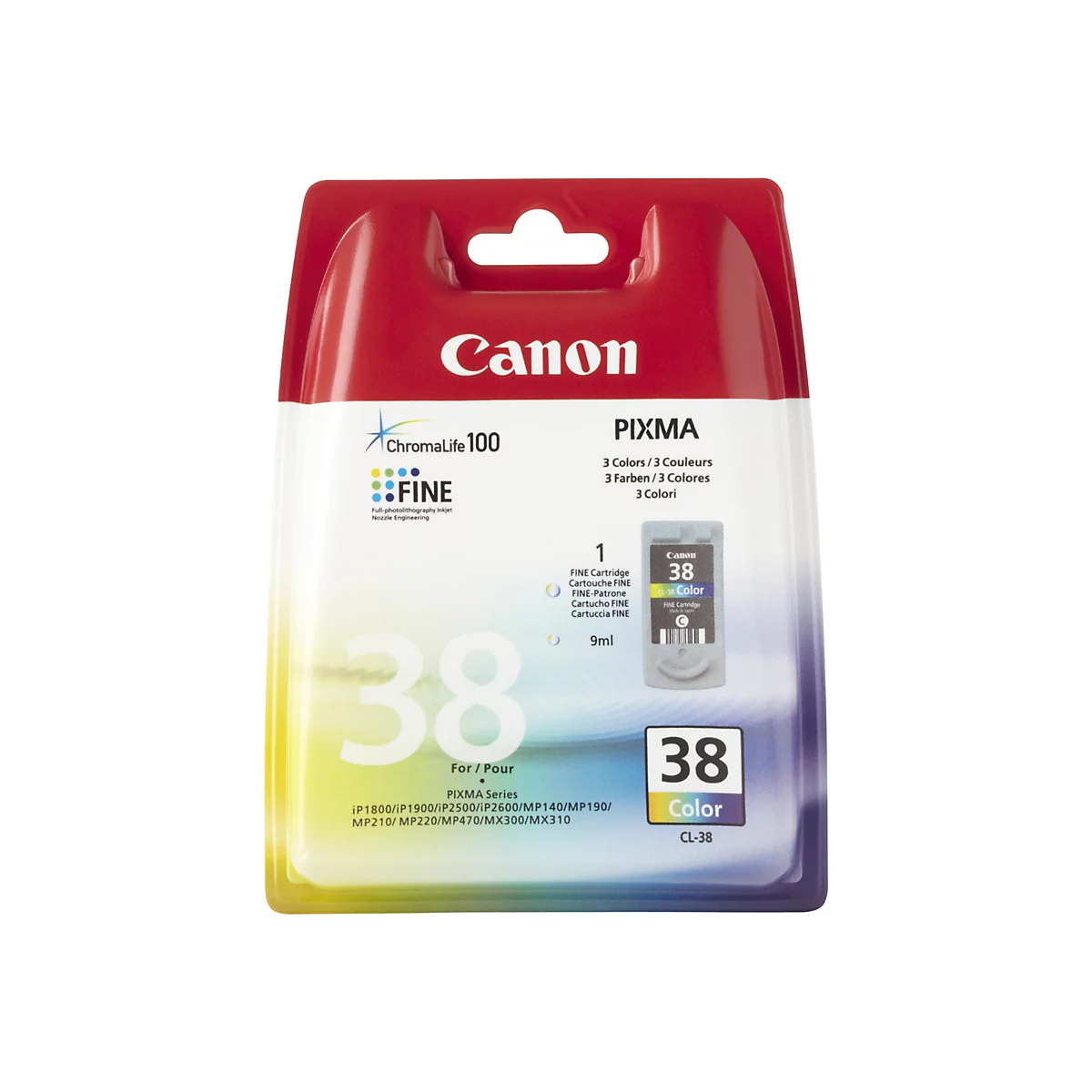 Verpackung einer Canon 38 Color Tintenpatrone, Rot und Weiß, Produktbezeichnung und Logos.