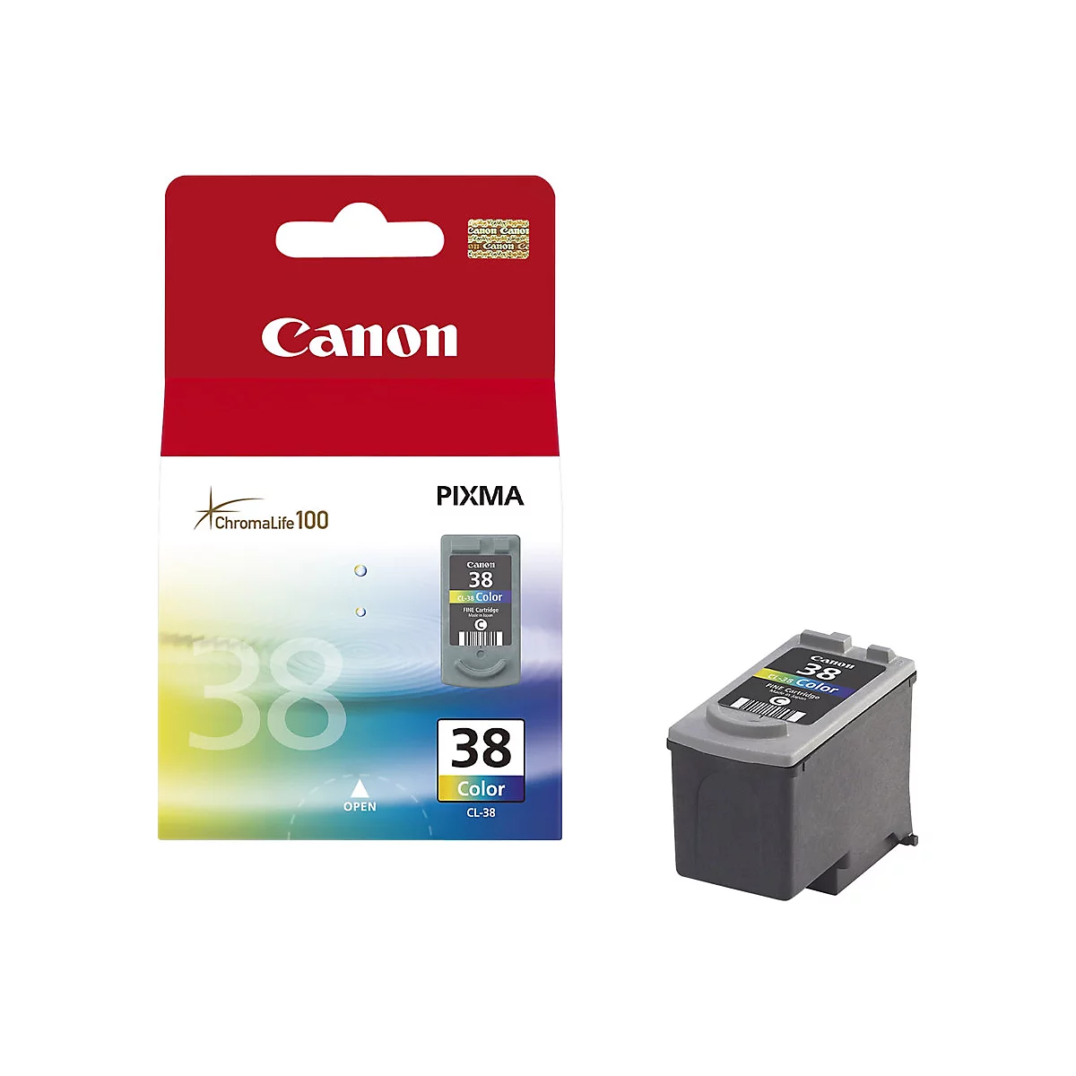 Eine Canon CL-38 Tintenpatrone und die Verpackung. Die Verpackung ist rot und weiß und zeigt den Namen Canon und die Produktbezeichnung.