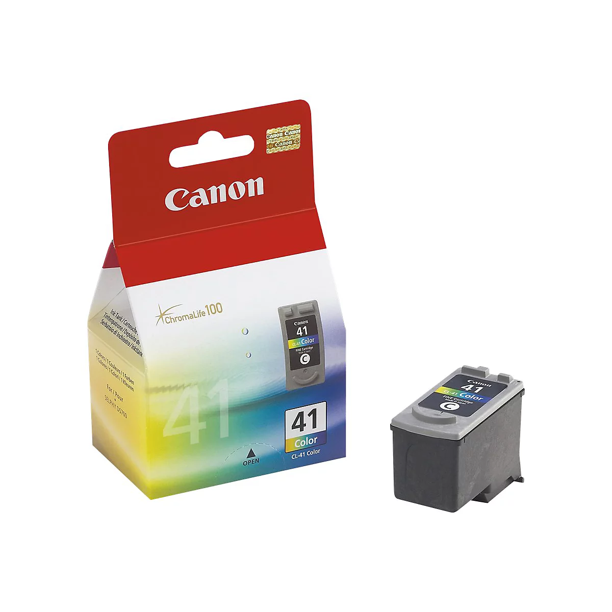 Eine Canon-Tintenpatrone (CL-41 Color) und ihre Verpackung. Aufdrucke: Canon, 41, ChromaLife 100.