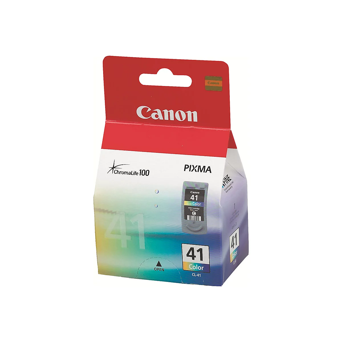 Verpackung einer Canon 41 Farbpatrone, rot, weiß und blau. Aufdruck: Canon, PIXMA, 41 Color.