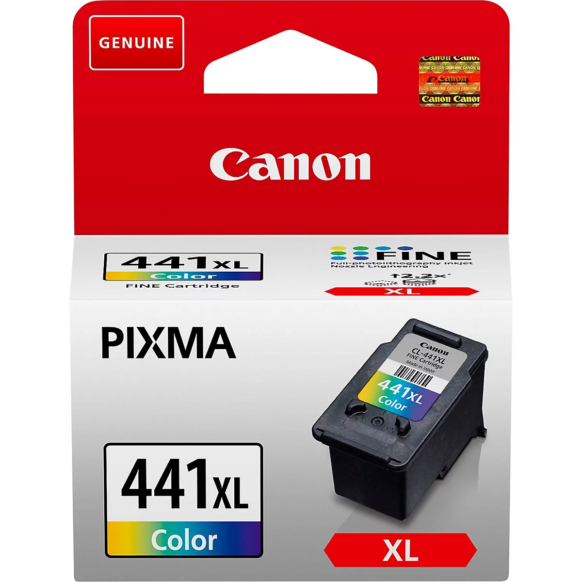 Verpackung einer Canon 441XL Color Tintenpatrone. Roter Hintergrund, blaue, gelbe, violette Akzente. Schriftzüge: "GENUINE", "Canon", "PIXMA", "FINE".