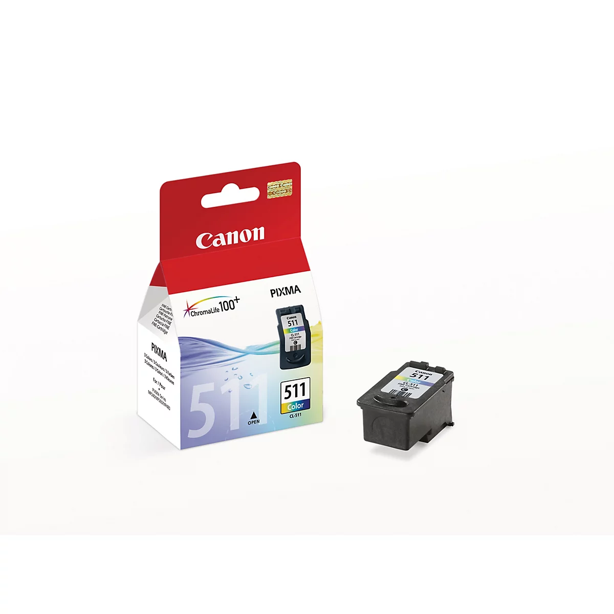 Eine Canon Tintenpatrone, CL-511, und die dazugehörige Verpackung vor weißem Hintergrund. Die Verpackung ist rot und weiß mit Canon-Logo. Die Patrone liegt daneben.