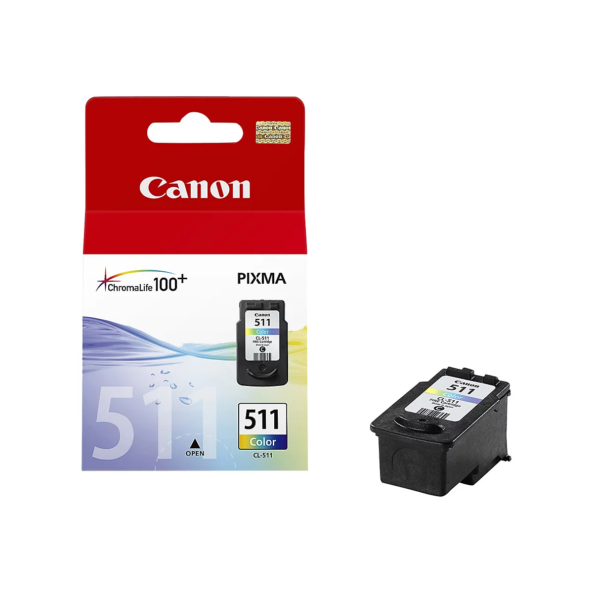Eine Canon-Tintenpatrone (CL-511 Color) und eine geöffnete Verpackung auf weißem Hintergrund.
